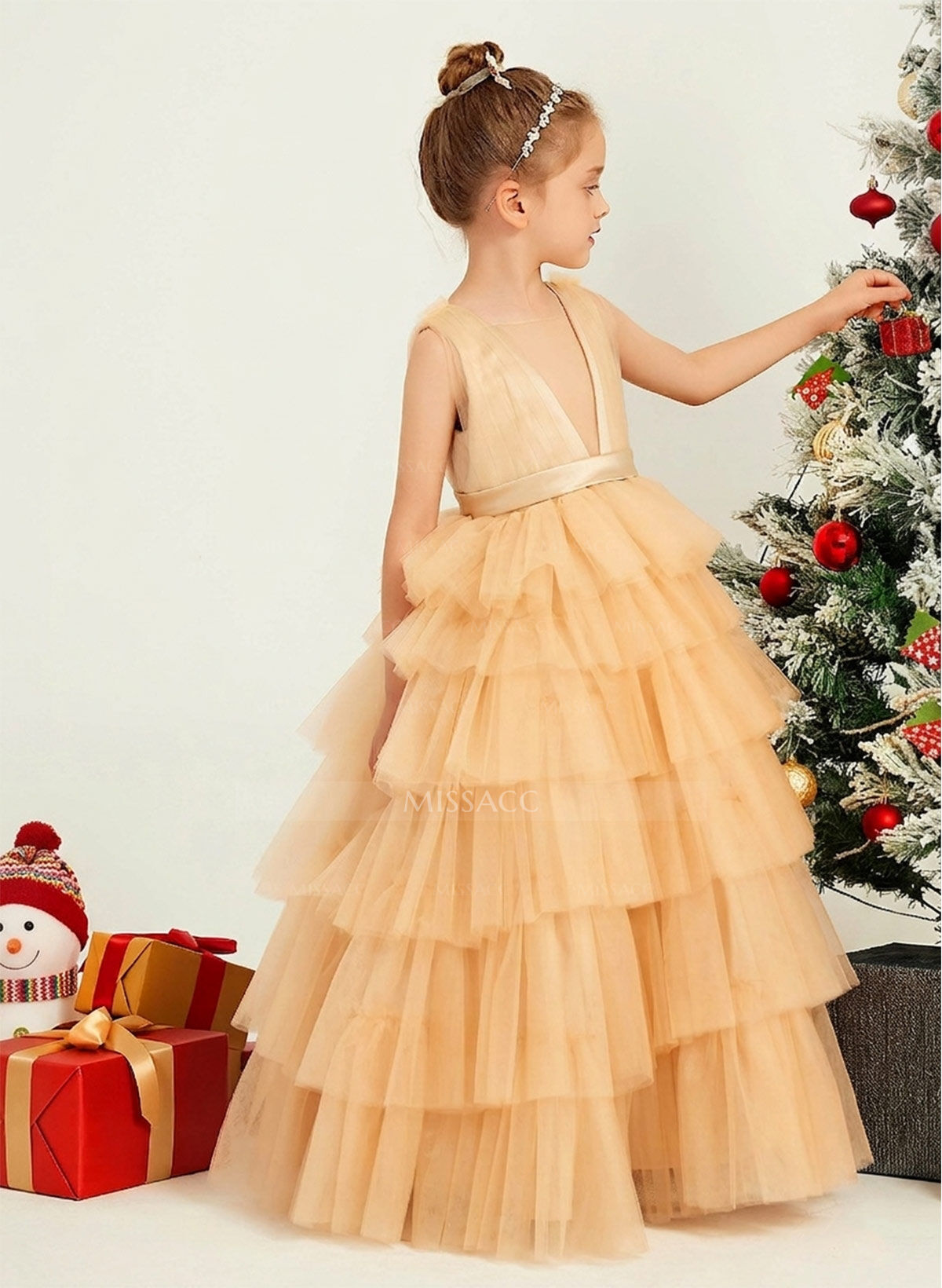 Ball-Gown Plunge Neck Sleeveless Floor-Length Tulle Flower Girl Dresses With Sash/Tiered
