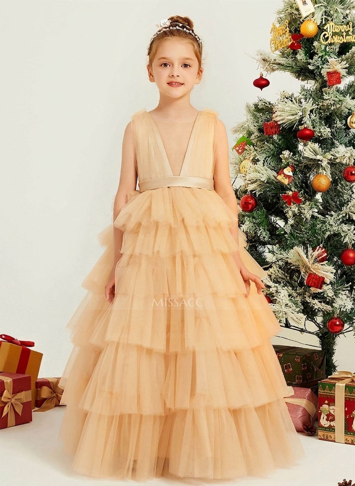 Ball-Gown Plunge Neck Sleeveless Floor-Length Tulle Flower Girl Dresses With Sash/Tiered