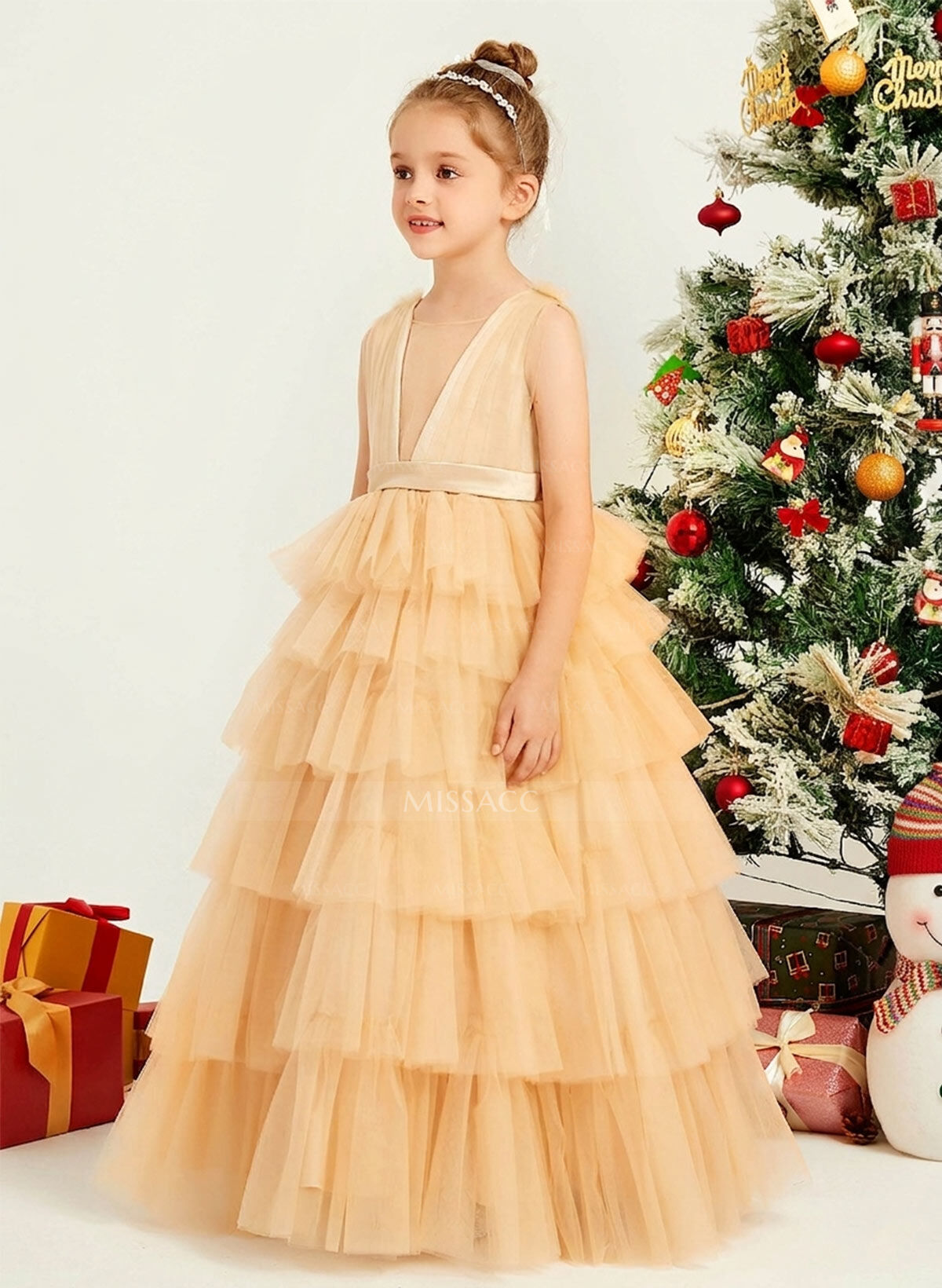 Ball-Gown Plunge Neck Sleeveless Floor-Length Tulle Flower Girl Dresses With Sash/Tiered