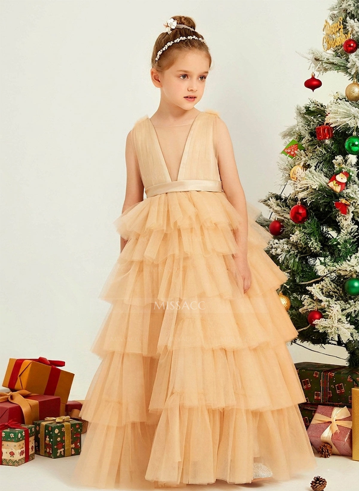 Ball-Gown Plunge Neck Sleeveless Floor-Length Tulle Flower Girl Dresses With Sash/Tiered