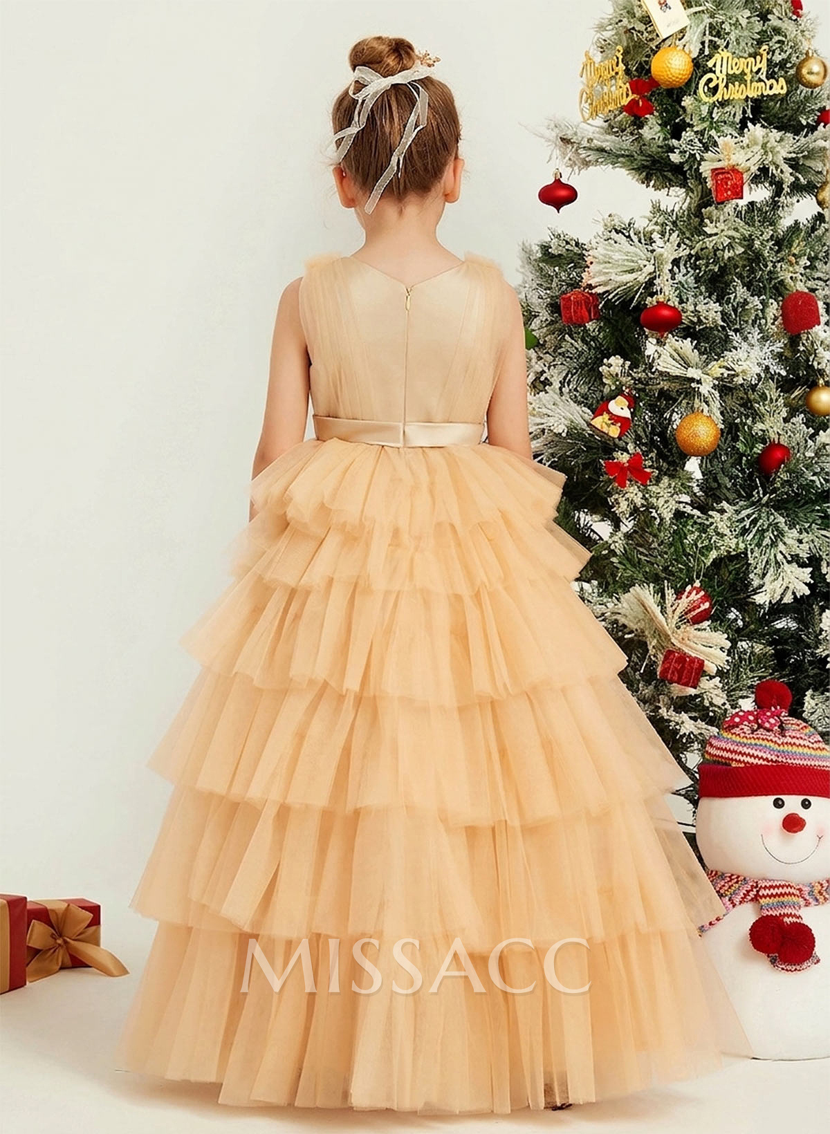 Ball-Gown Plunge Neck Sleeveless Floor-Length Tulle Flower Girl Dresses With Sash/Tiered