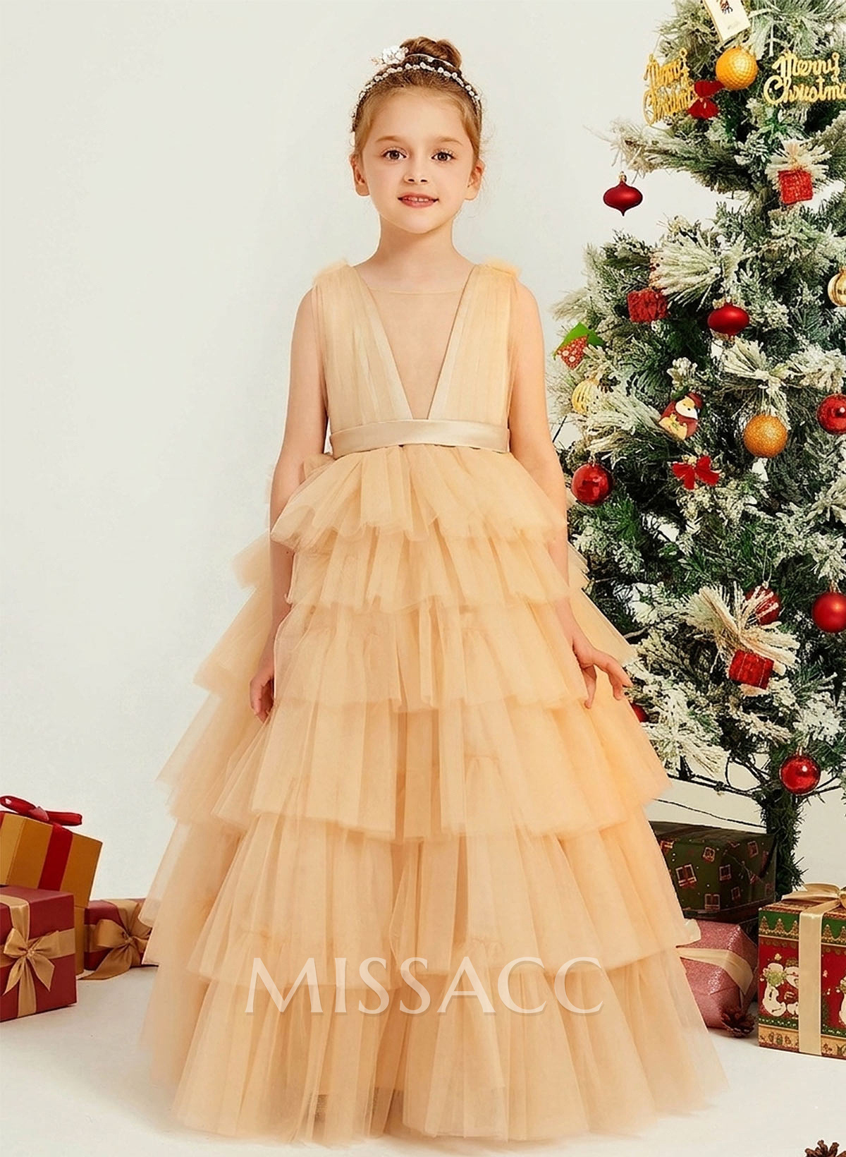 Ball-Gown Plunge Neck Sleeveless Floor-Length Tulle Flower Girl Dresses With Sash/Tiered