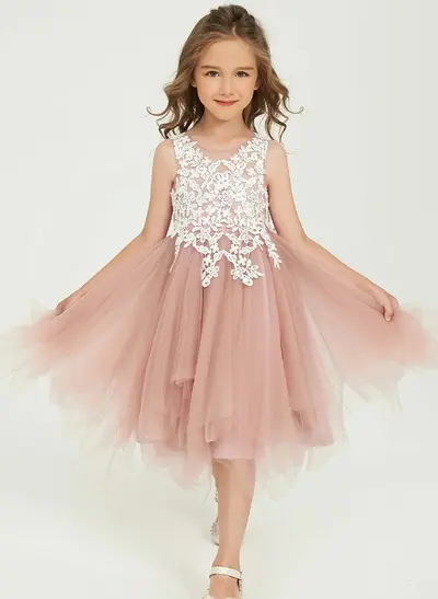 A-Line Scoop Neck Sleeveless Knee-Length Lace/Tulle Flower Girl Dresses With Appliques Lace