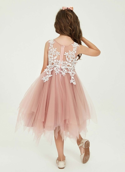 A-Line Scoop Neck Sleeveless Knee-Length Lace/Tulle Flower Girl Dresses With Appliques Lace