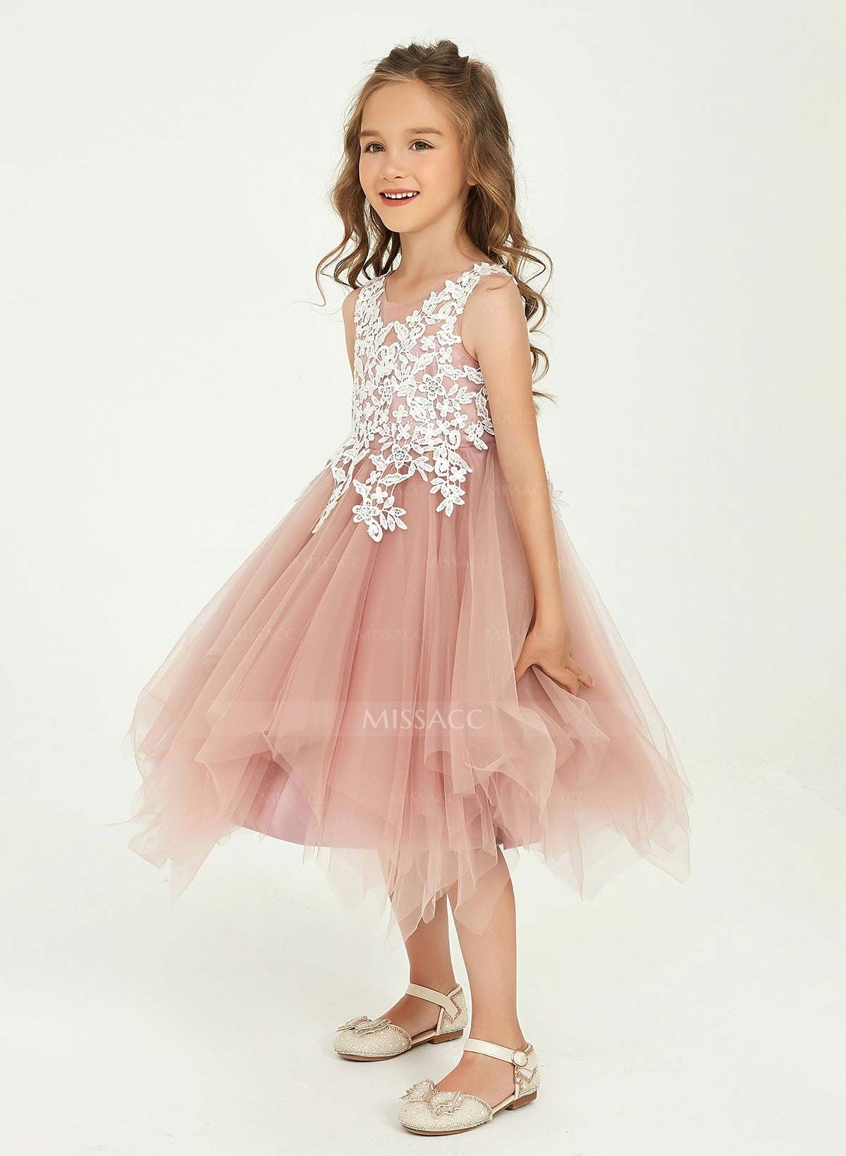 A-Line Scoop Neck Sleeveless Knee-Length Lace/Tulle Flower Girl Dresses With Appliques Lace