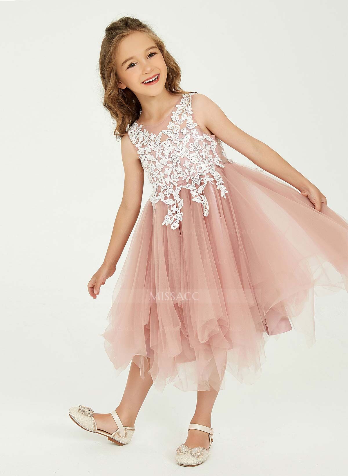 A-Line Scoop Neck Sleeveless Knee-Length Lace/Tulle Flower Girl Dresses With Appliques Lace