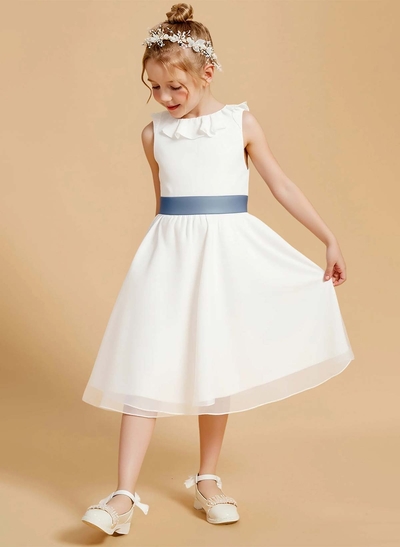A-Line Scoop Neck Sleeveless Knee-Length Tulle Flower Girl Dresses With Bow(s)
