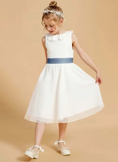 A-Line Scoop Neck Sleeveless Knee-Length Tulle Flower Girl Dresses With Bow(s)