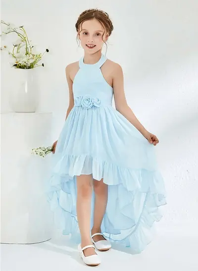 A-Line Halter Sleeveless Asymmetrical Chiffon Flower Girl Dresses With Flower(s)