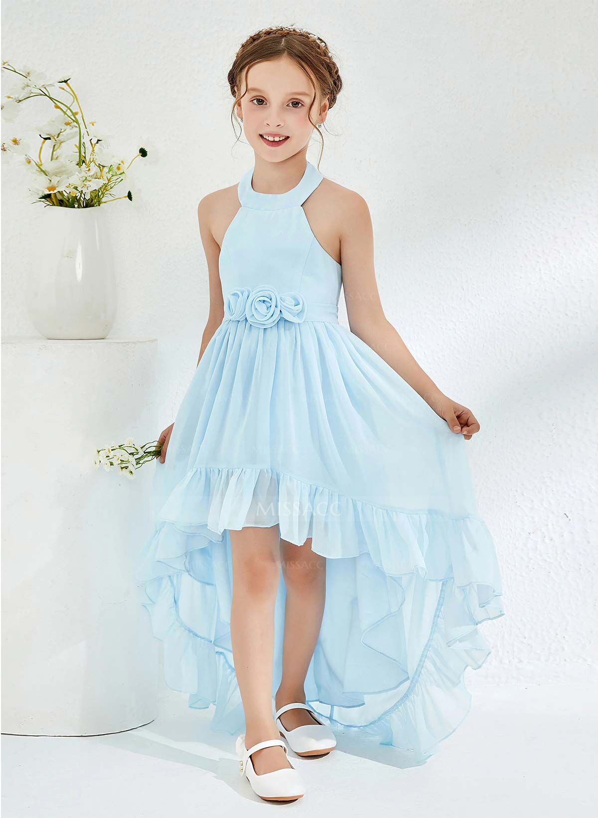 A-Line Halter Sleeveless Asymmetrical Chiffon Flower Girl Dresses With Flower(s)