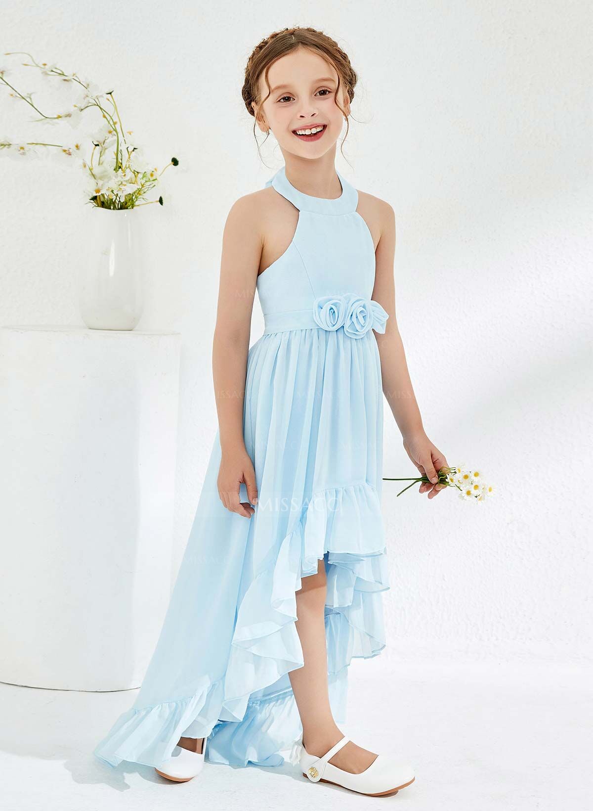 A-Line Halter Sleeveless Asymmetrical Chiffon Flower Girl Dresses With Flower(s)