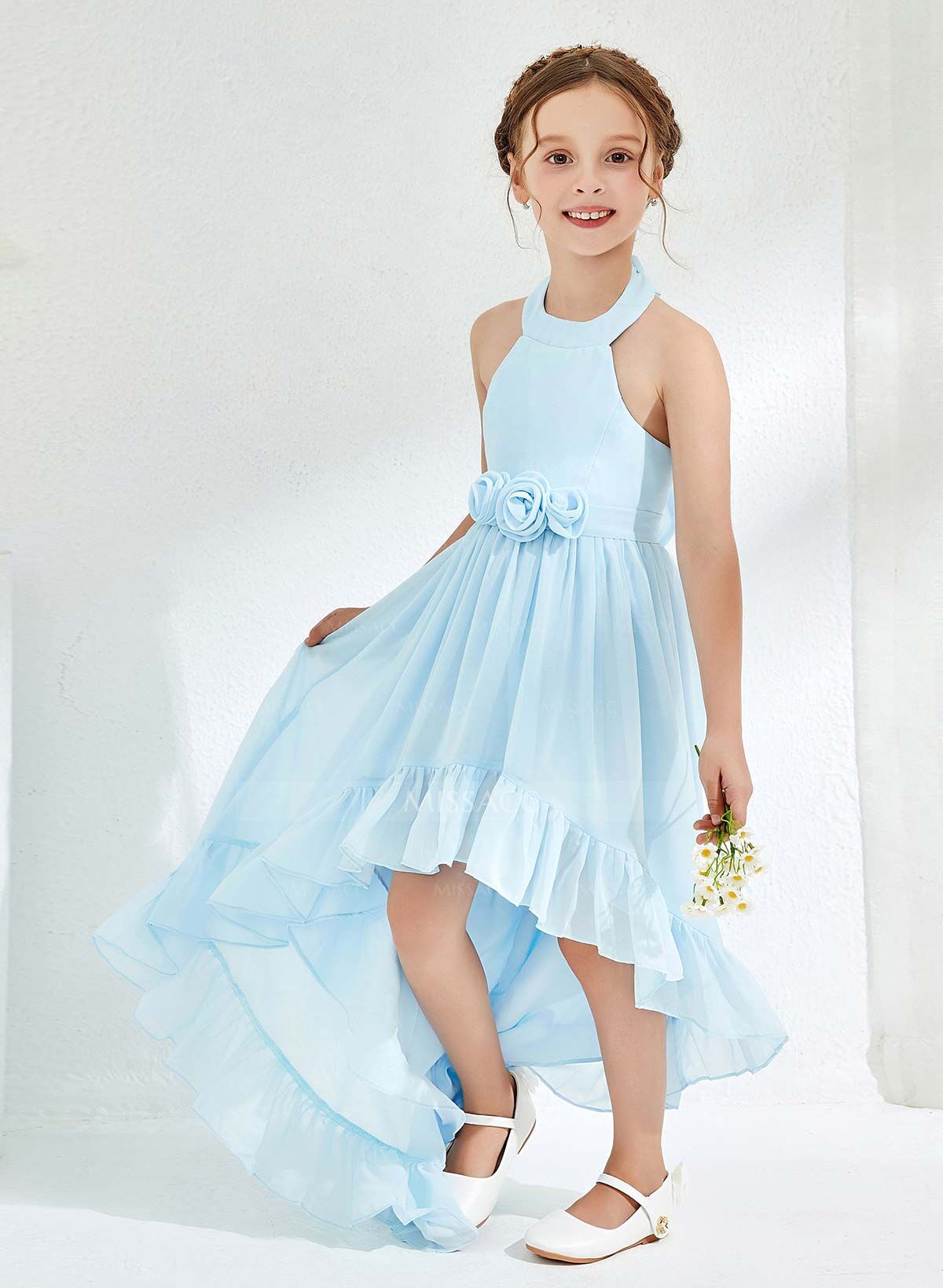 A-Line Halter Sleeveless Asymmetrical Chiffon Flower Girl Dresses With Flower(s)