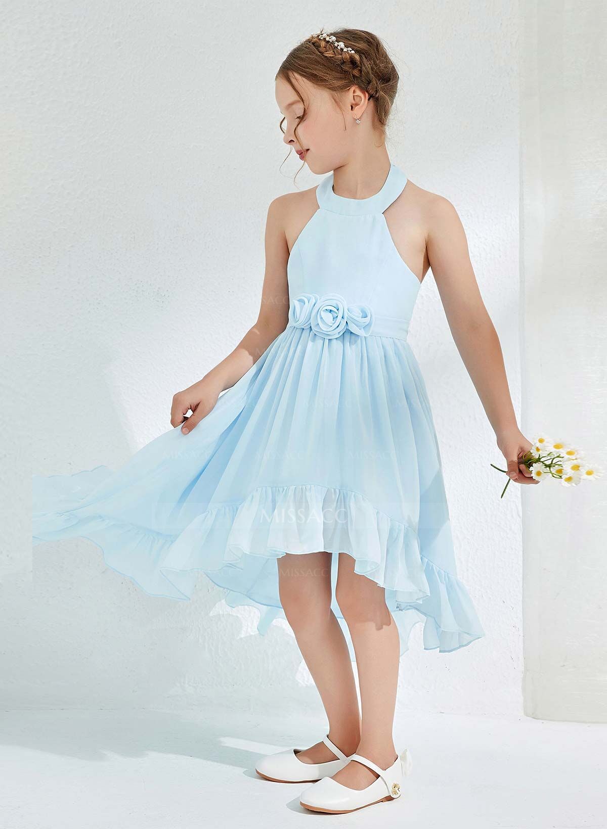 A-Line Halter Sleeveless Asymmetrical Chiffon Flower Girl Dresses With Flower(s)