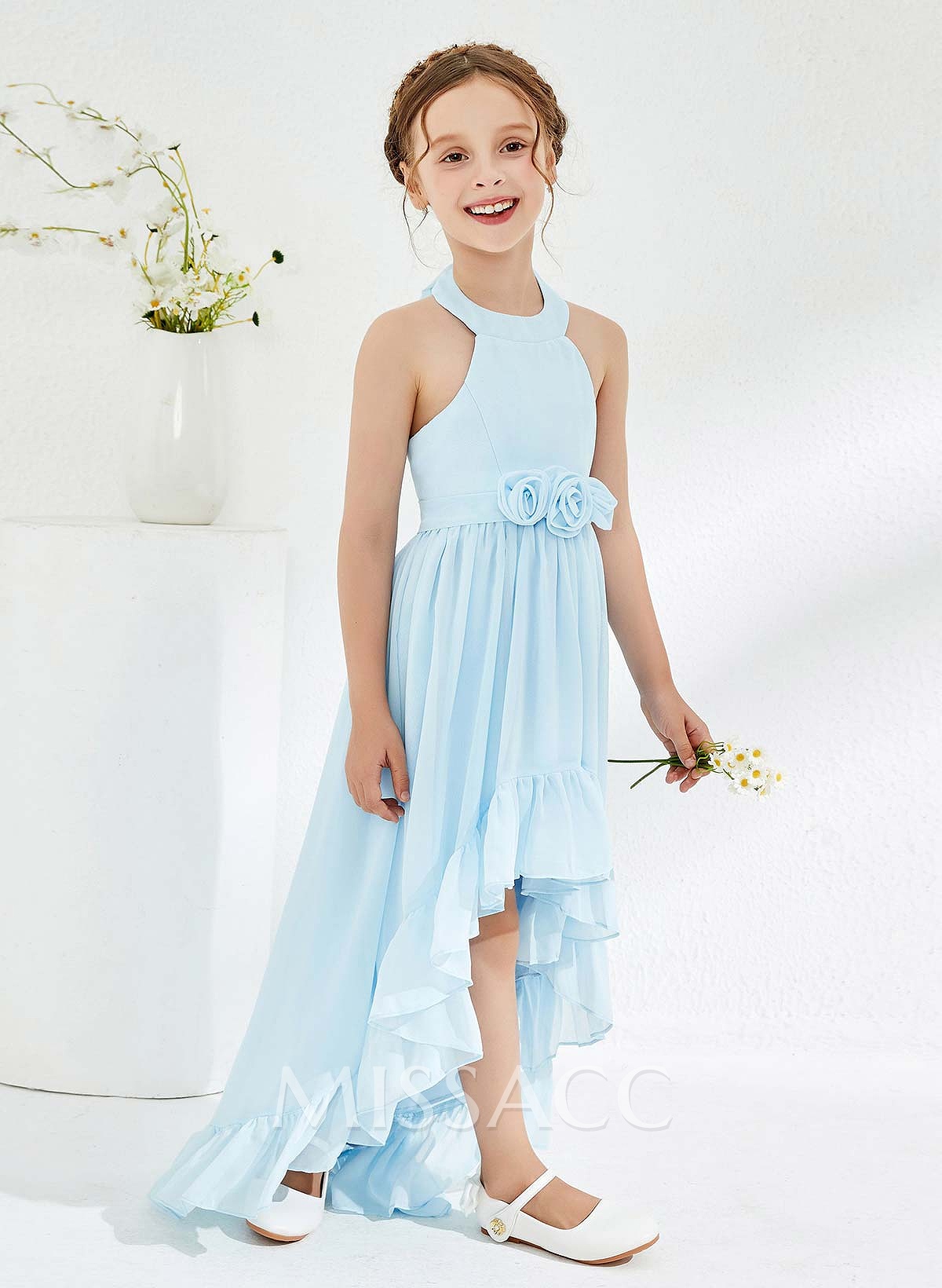 A-Line Halter Sleeveless Asymmetrical Chiffon Flower Girl Dresses With Flower(s)