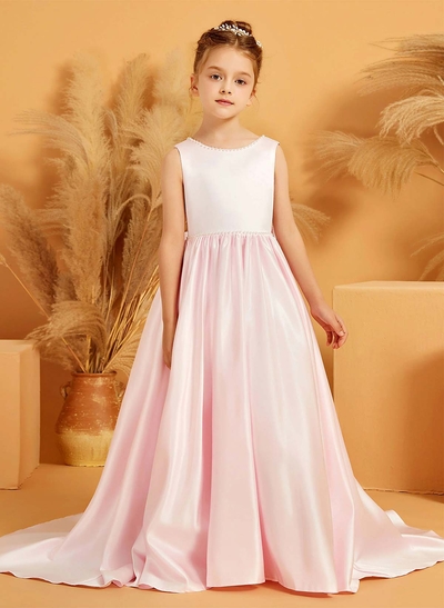 A-Line Scoop Neck Sleeveless Sweep Train Satin Flower Girl Dresses With Bow(s)/Beading
