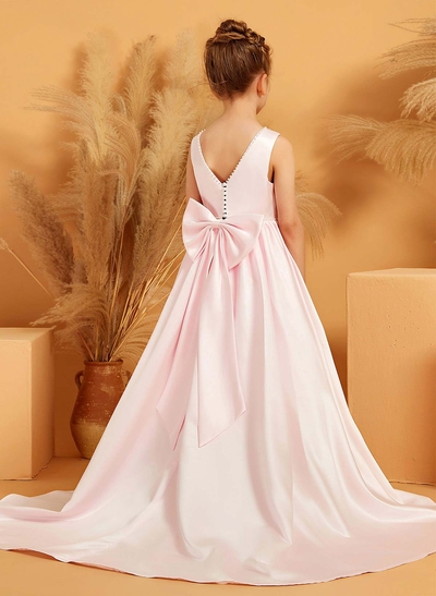 A-Line Scoop Neck Sleeveless Sweep Train Satin Flower Girl Dresses With Bow(s)/Beading