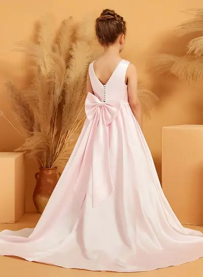 A-Line Scoop Neck Sleeveless Sweep Train Satin Flower Girl Dresses With Bow(s)/Beading