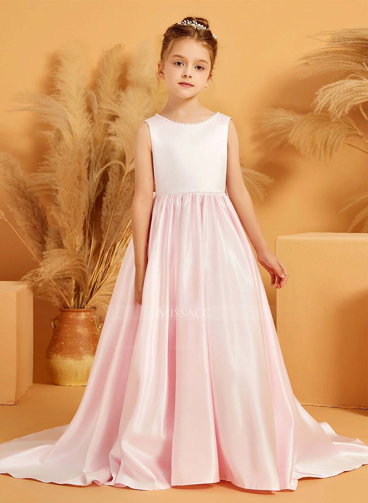 A-Line Scoop Neck Sleeveless Sweep Train Satin Flower Girl Dresses With Bow(s)/Beading