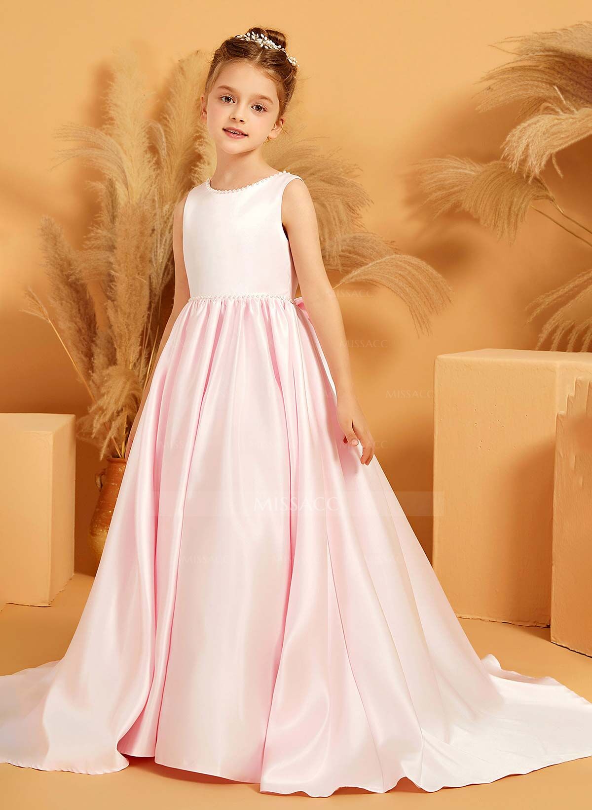 A-Line Scoop Neck Sleeveless Sweep Train Satin Flower Girl Dresses With Bow(s)/Beading