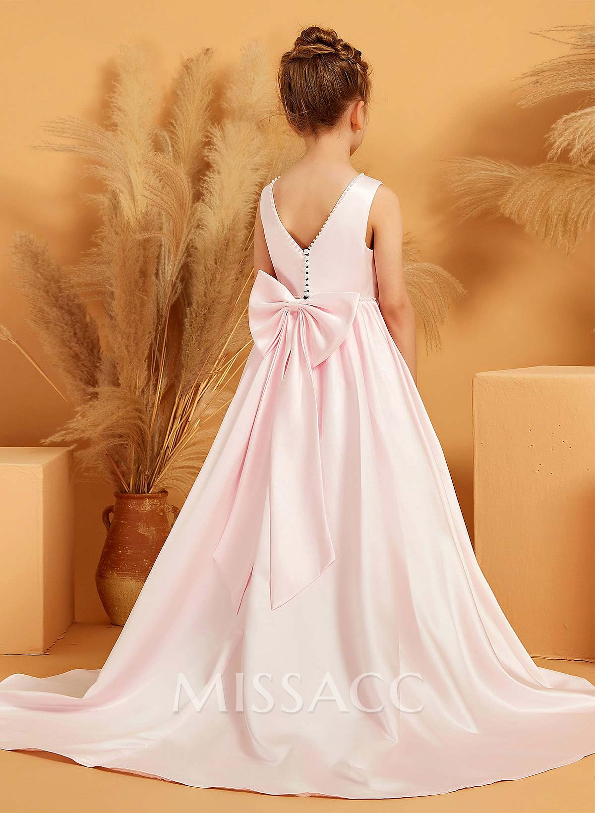 A-Line Scoop Neck Sleeveless Sweep Train Satin Flower Girl Dresses With Bow(s)/Beading