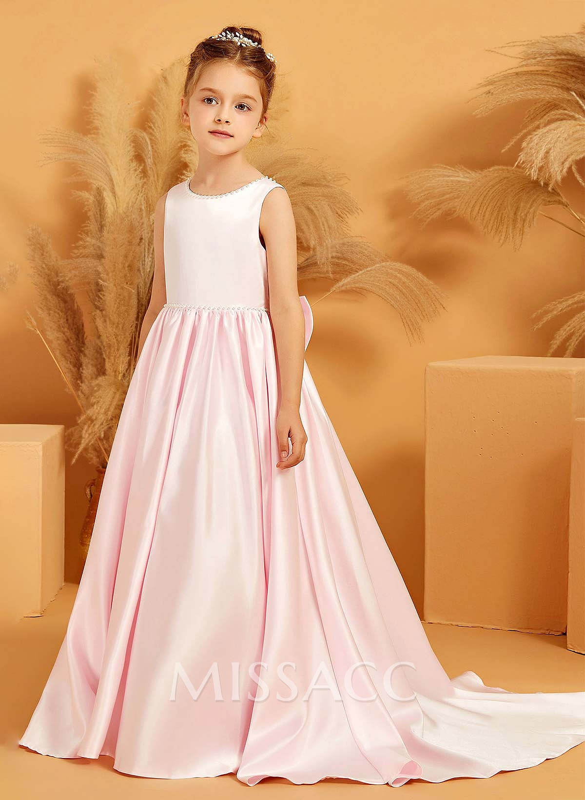 A-Line Scoop Neck Sleeveless Sweep Train Satin Flower Girl Dresses With Bow(s)/Beading