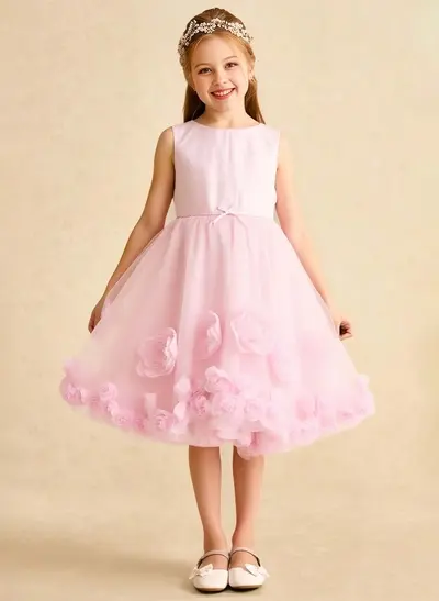 A-Line Scoop Neck Sleeveless Knee-Length Tulle Flower Girl Dresses With Flower(s)