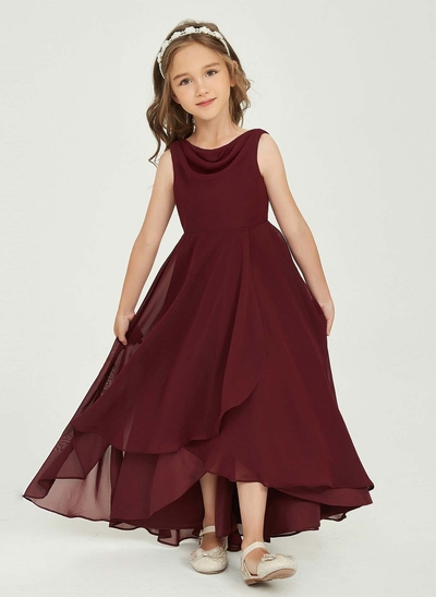 A-Line Cowl Neck Sleeveless Asymmetrical Chiffon Flower Girl Dresses With Ruffle