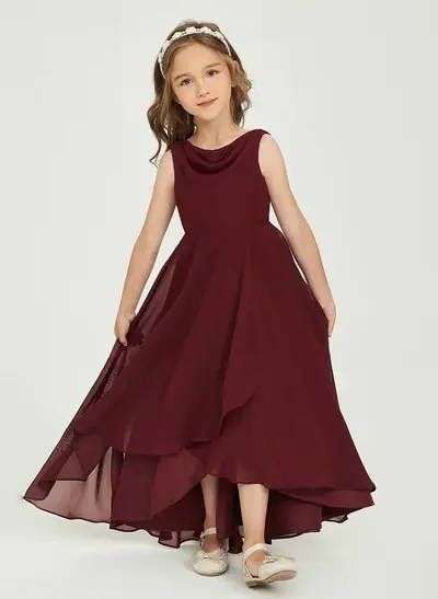 A-Line Cowl Neck Sleeveless Asymmetrical Chiffon Flower Girl Dresses With Ruffle
