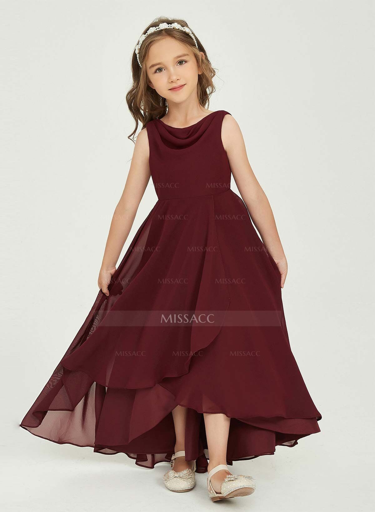 A-Line Cowl Neck Sleeveless Asymmetrical Chiffon Flower Girl Dresses With Ruffle