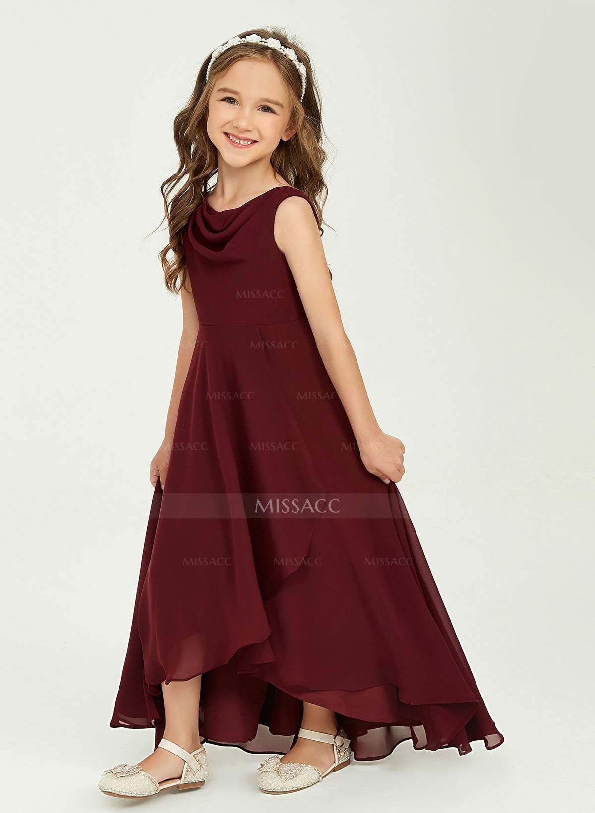 A-Line Cowl Neck Sleeveless Asymmetrical Chiffon Flower Girl Dresses With Ruffle