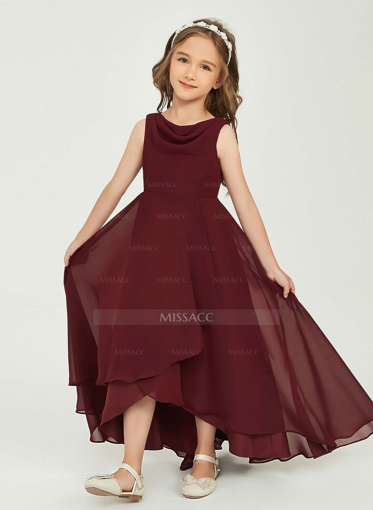 A-Line Cowl Neck Sleeveless Asymmetrical Chiffon Flower Girl Dresses With Ruffle