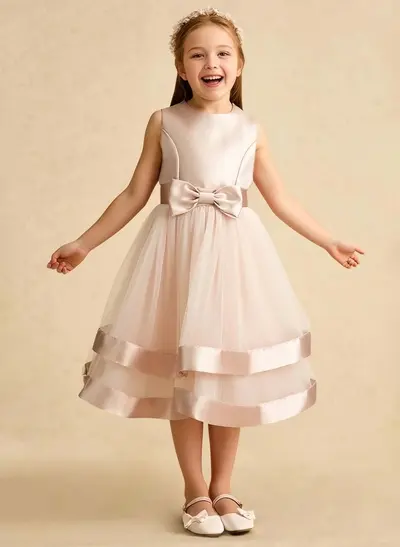 A-Line Scoop Neck Sleeveless Tea-Length Satin/Tulle Flower Girl Dresses With Bow(s)