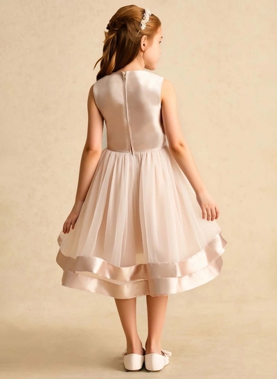 A-Line Scoop Neck Sleeveless Tea-Length Satin/Tulle Flower Girl Dresses With Bow(s)