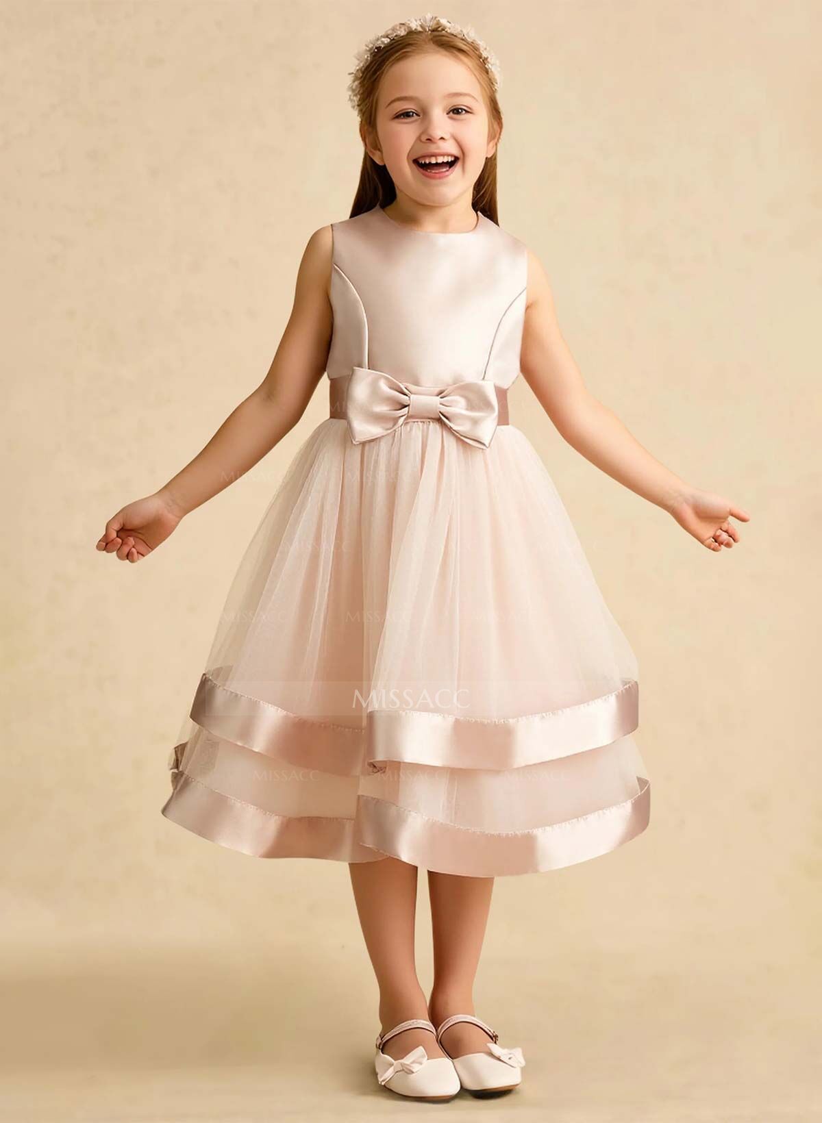 A-Line Scoop Neck Sleeveless Tea-Length Satin/Tulle Flower Girl Dresses With Bow(s)