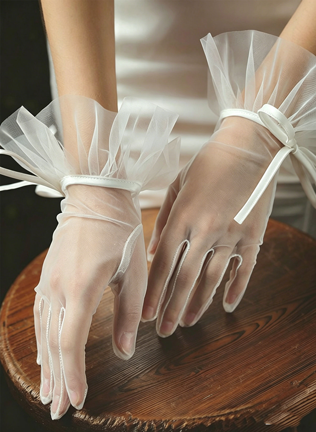 Fingertips Shortie Length Tulle Bridal Gloves With Bowknot