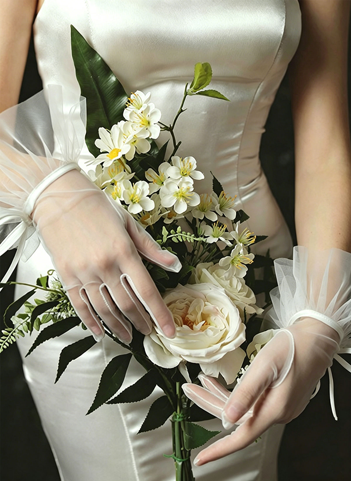 Fingertips Shortie Length Tulle Bridal Gloves With Bowknot