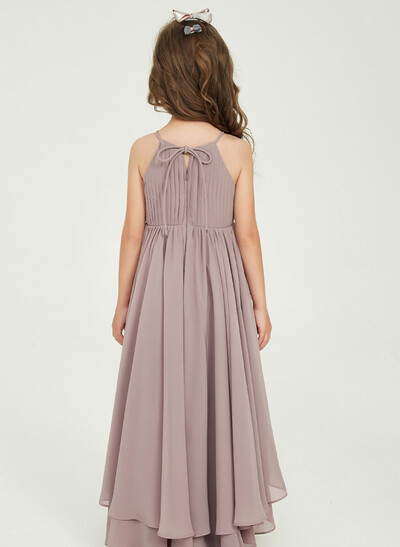 A-Line Halter Sleeveless Asymmetrical Chiffon Junior Bridesmaid Dresses With Ruffle/Bow(s)/Pleated