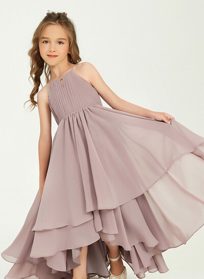 A-Line Halter Sleeveless Asymmetrical Chiffon Junior Bridesmaid Dresses With Ruffle/Bow(s)/Pleated