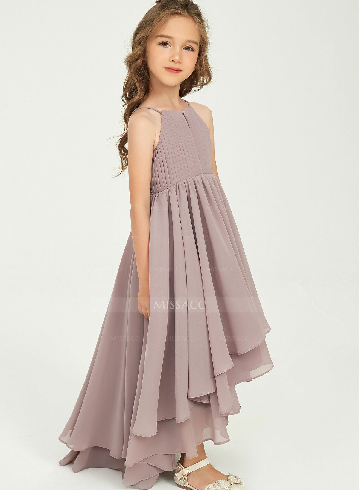 A-Line Halter Sleeveless Asymmetrical Chiffon Junior Bridesmaid Dresses With Ruffle/Bow(s)/Pleated