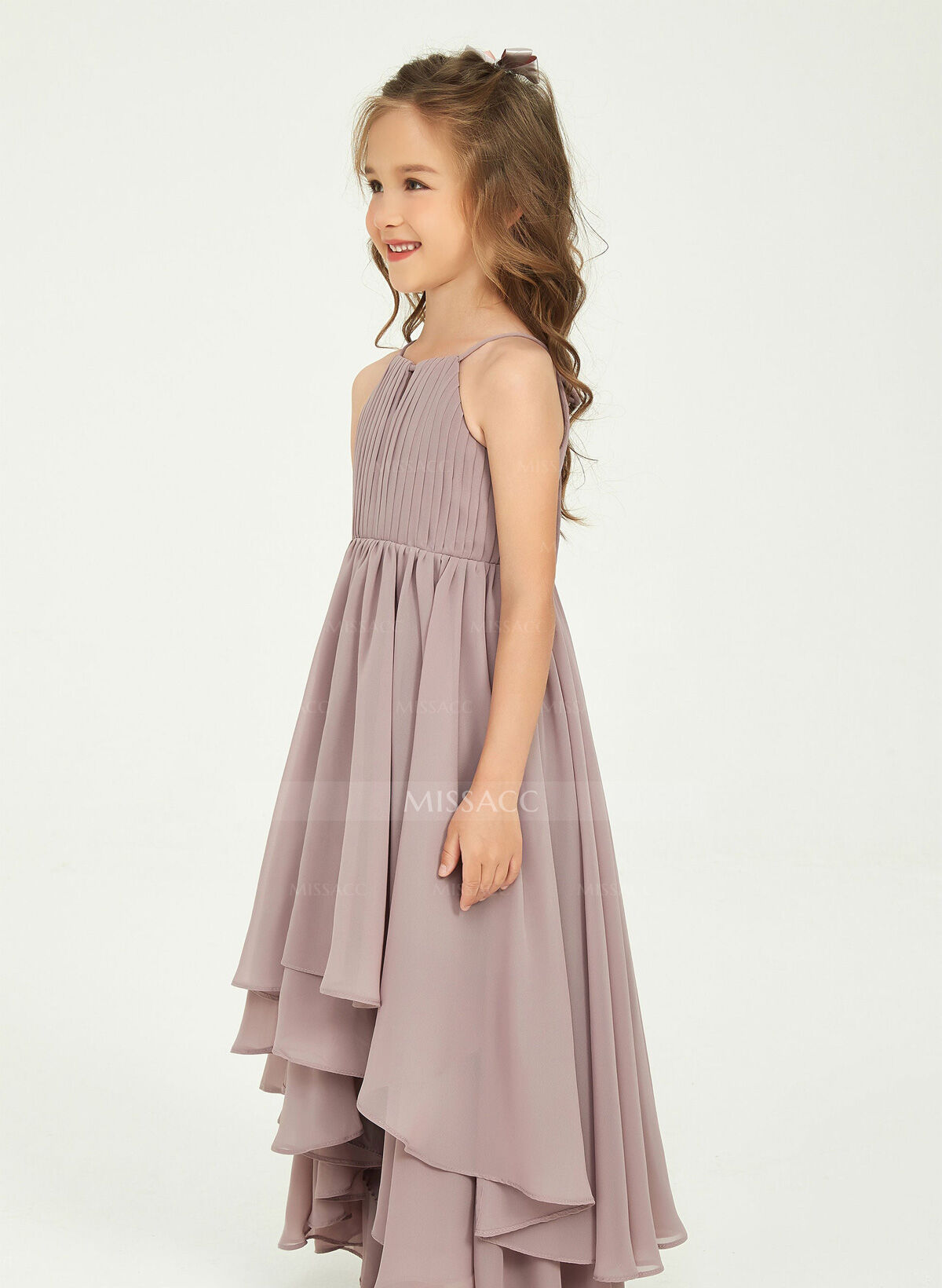 A-Line Halter Sleeveless Asymmetrical Chiffon Junior Bridesmaid Dresses With Ruffle/Bow(s)/Pleated