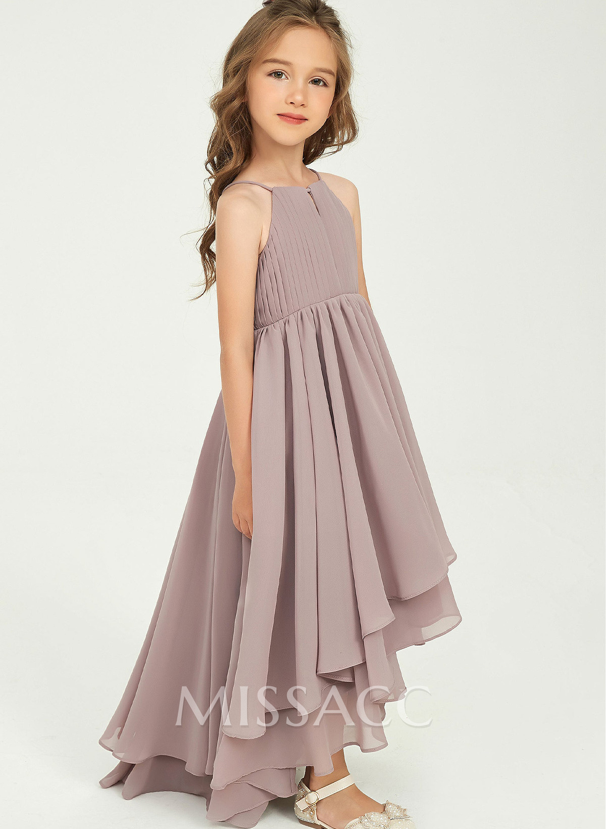 A-Line Halter Sleeveless Asymmetrical Chiffon Junior Bridesmaid Dresses With Ruffle/Bow(s)/Pleated