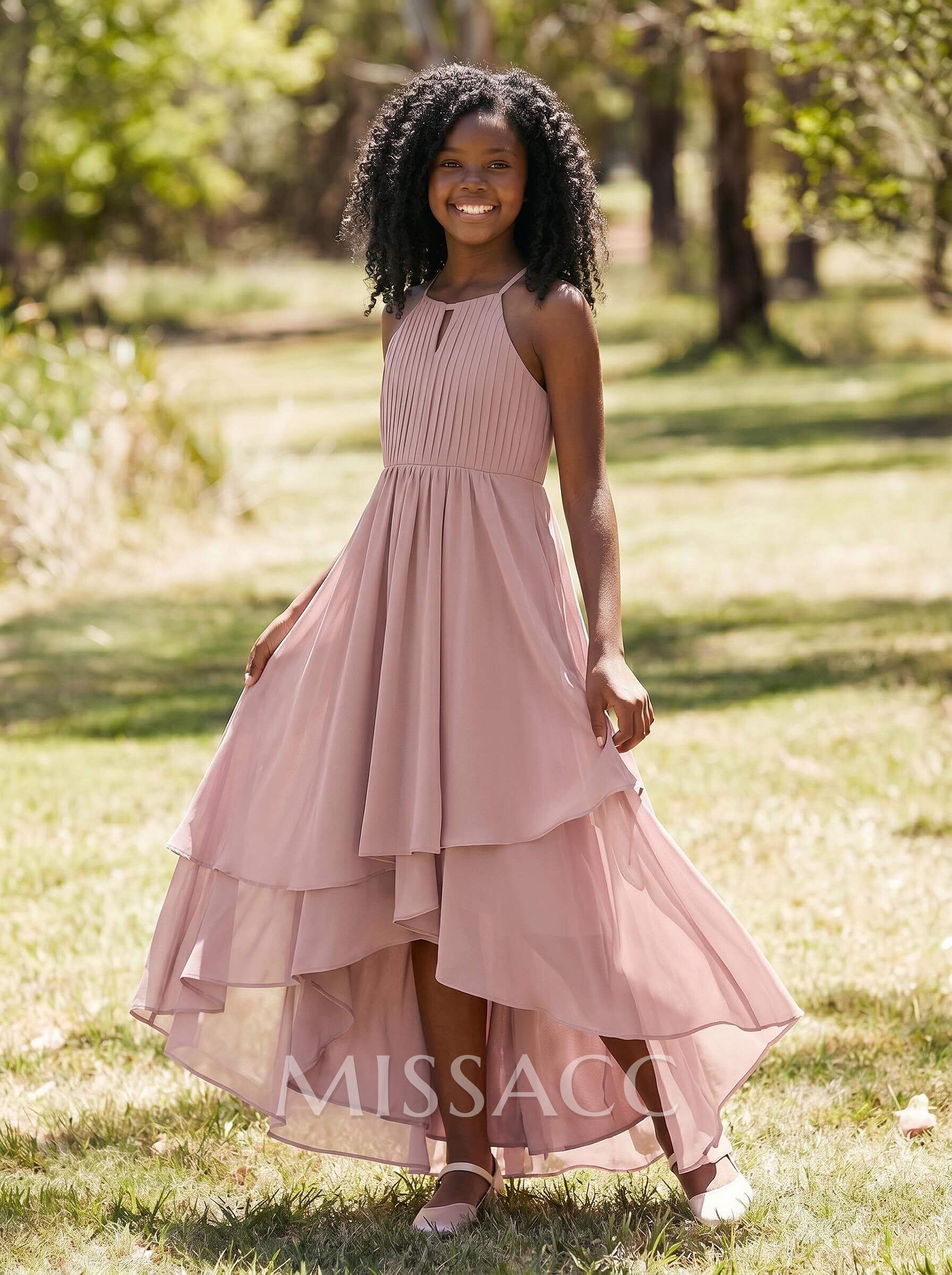 A-Line Halter Sleeveless Asymmetrical Chiffon Junior Bridesmaid Dresses With Ruffle/Bow(s)/Pleated