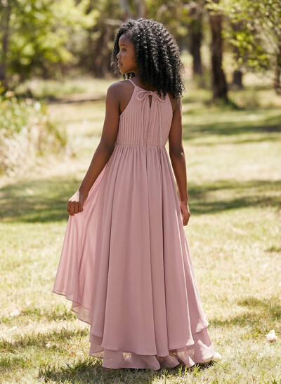 A-Line Halter Sleeveless Asymmetrical Chiffon Junior Bridesmaid Dresses With Ruffle/Bow(s)/Pleated