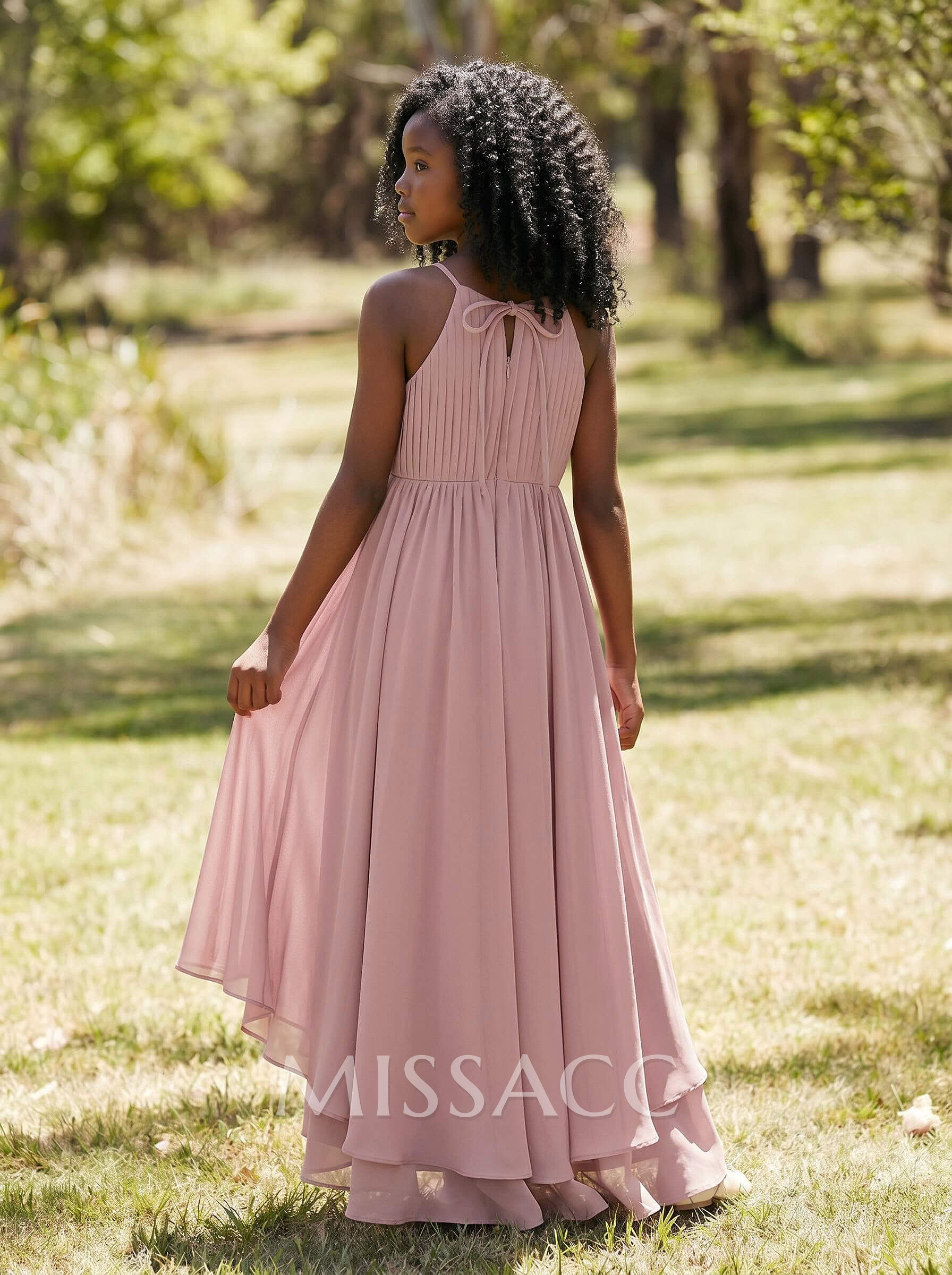 A-Line Halter Sleeveless Asymmetrical Chiffon Junior Bridesmaid Dresses With Ruffle/Bow(s)/Pleated
