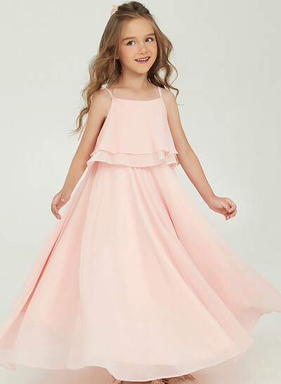 A-Line Square Neckline Sleeveless Floor-Length Chiffon Junior Bridesmaid Dresses With Ruffle