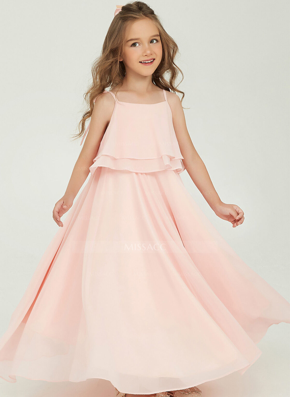 A-Line Square Neckline Sleeveless Floor-Length Chiffon Junior Bridesmaid Dresses With Ruffle