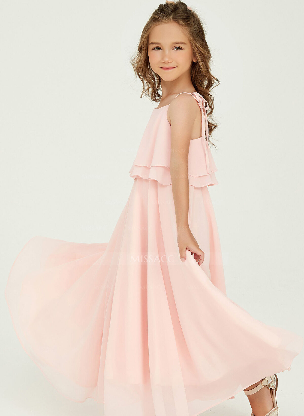 A-Line Square Neckline Sleeveless Floor-Length Chiffon Junior Bridesmaid Dresses With Ruffle