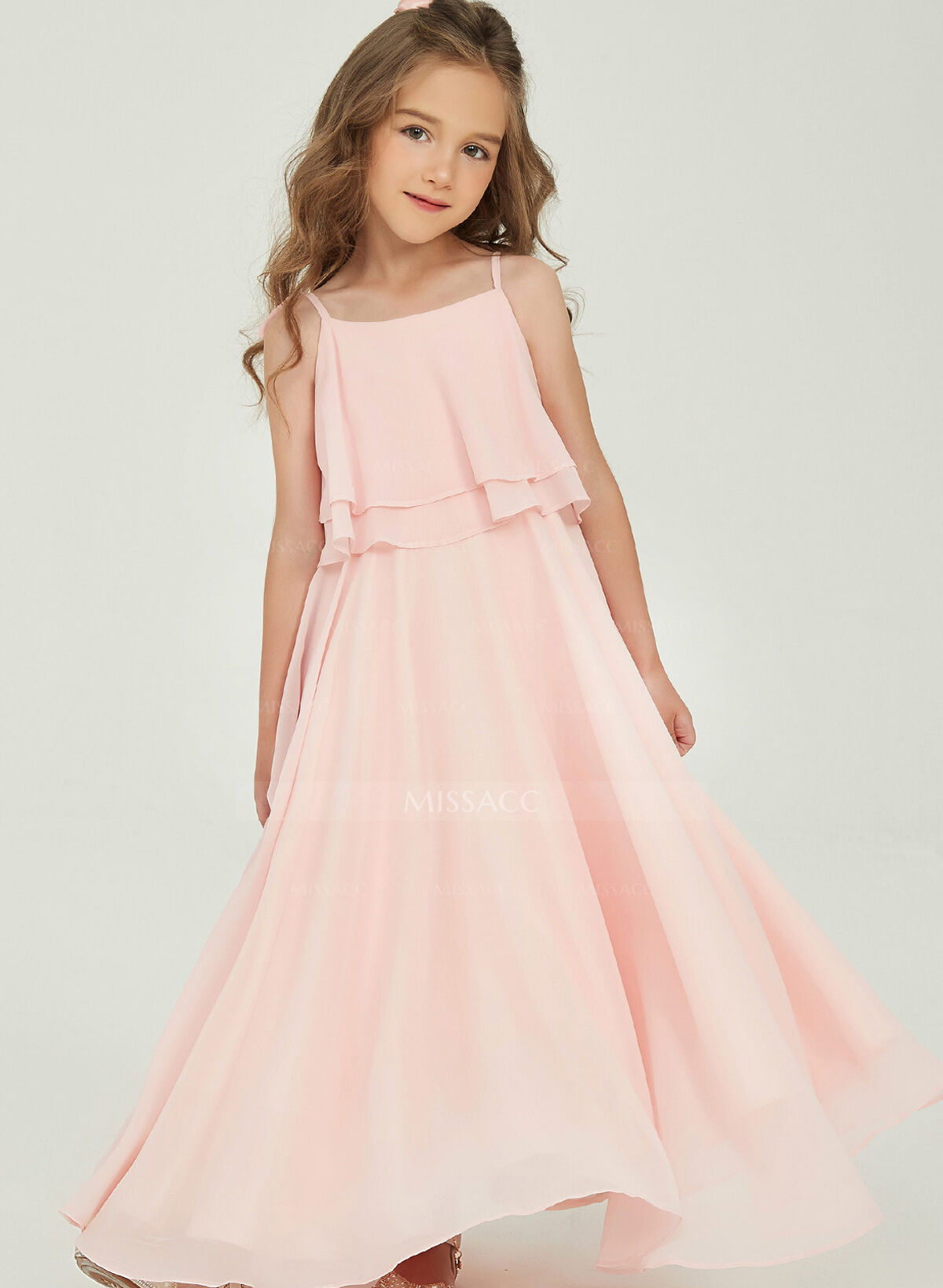 A-Line Square Neckline Sleeveless Floor-Length Chiffon Junior Bridesmaid Dresses With Ruffle