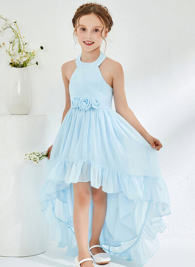 A-Line Halter Sleeveless Asymmetrical Chiffon Junior Bridesmaid Dresses With Sash/Flower(s)
