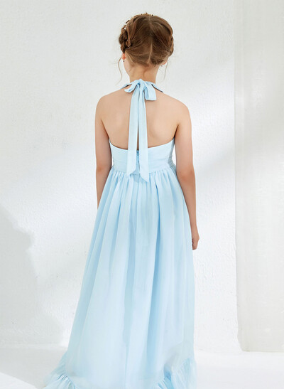 A-Line Halter Sleeveless Asymmetrical Chiffon Junior Bridesmaid Dresses With Sash/Flower(s)